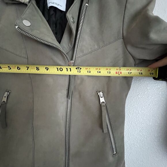 Mango Grey Taupe Real Leather Jacket Lambskin Collar fur Jacket XS - Picture 6 of 6